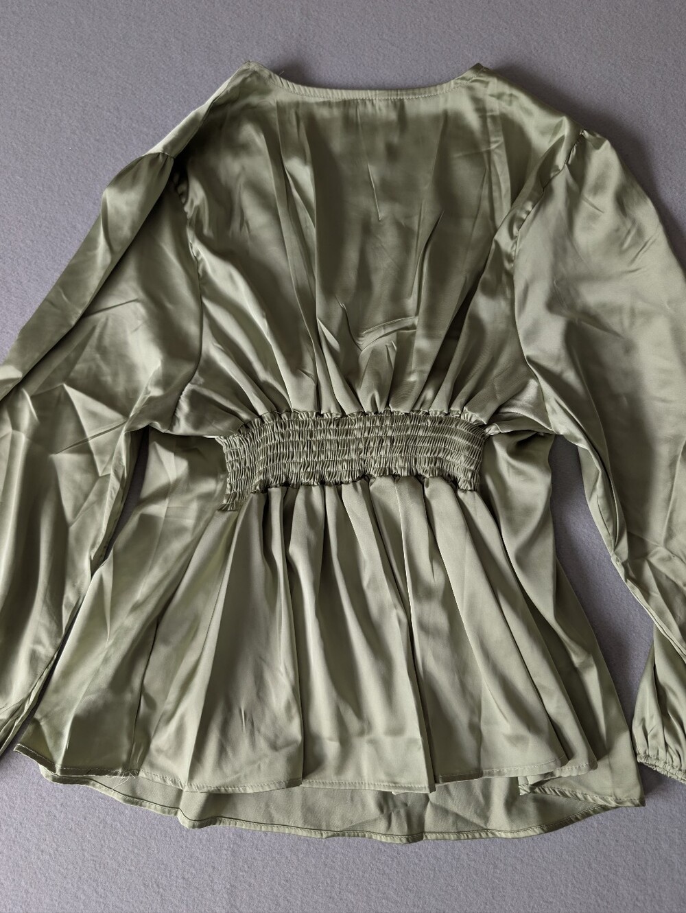 Satin Tailored Sage Green Long Sleeve V Neck Blouse Quiet Luxury Smocked Sz XXL image 5